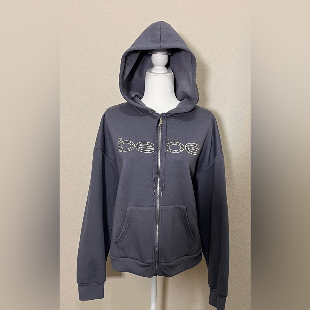 Bebe Gray Hooded Jacket with Silver Embroidered E… - image 2